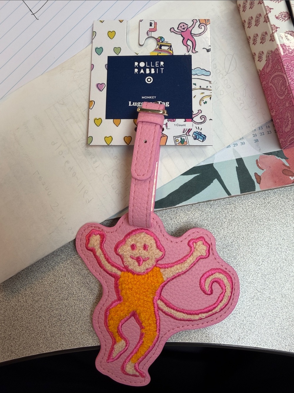 Roller Rabbit Pink & Orange Monkey Luggage Tag